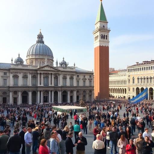 Affollata Piazza San Marco con la Basilica di San Marco e il Campanile sullo sfondo