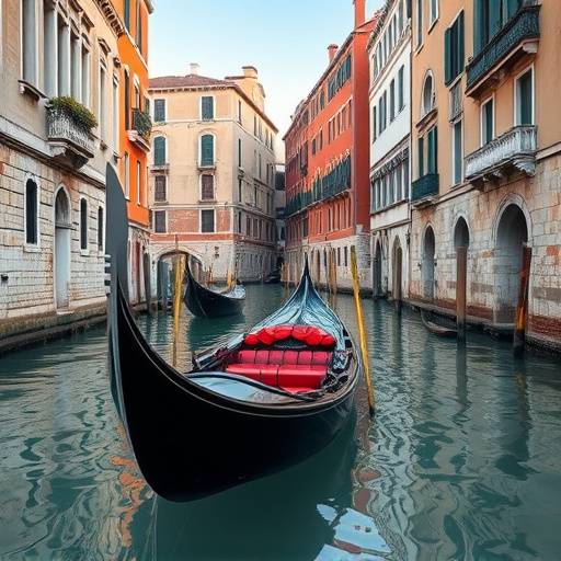 Gondola che naviga lungo un canale a Venezia, con edifici storici che si riflettono nell'acqua.