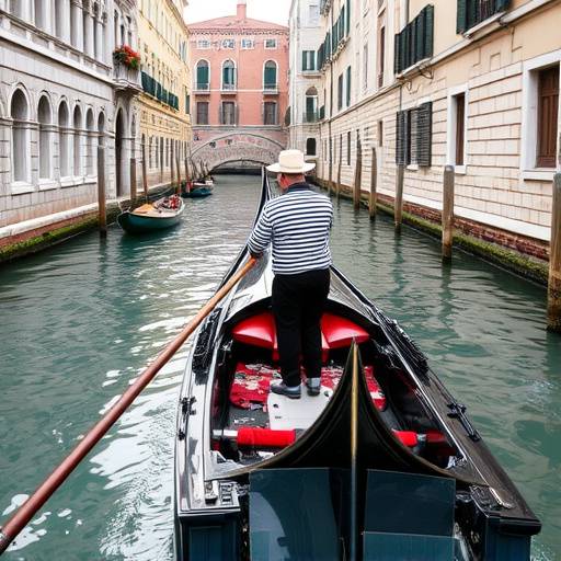 Gondola che scivola su un canale veneziano, guidata da un gondoliere in abito tradizionale