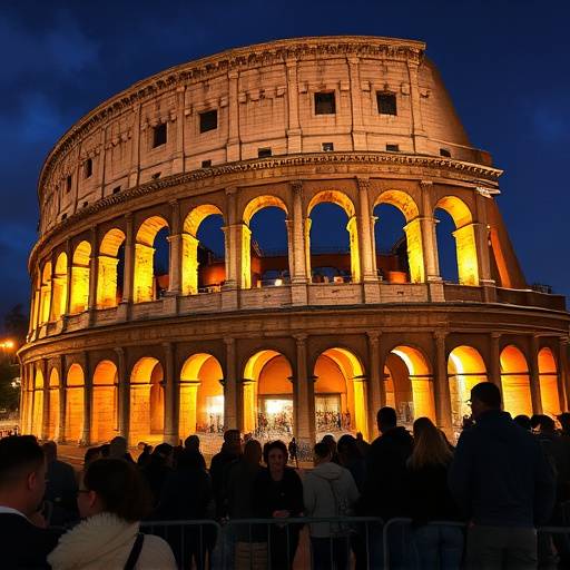 Il Colosseo illuminato di notte, con una folla di turisti che lo ammirano.