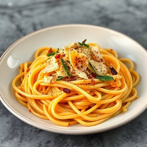 Piatto di pasta alla carbonara con guanciale croccante