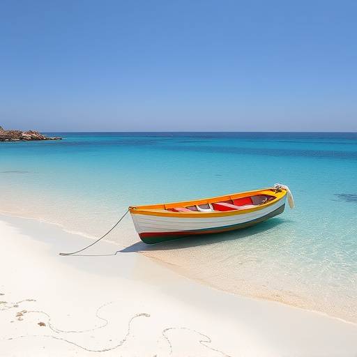 Spiaggia di sabbia bianca in Sicilia, con acque cristalline e una barca colorata ormeggiata.