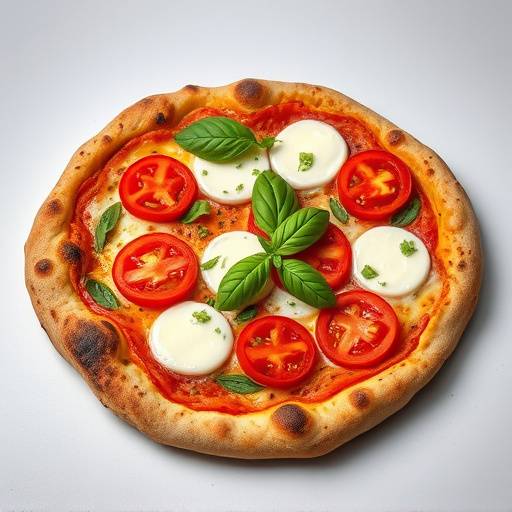 Una pizza romana con mozzarella, pomodoro e basilico