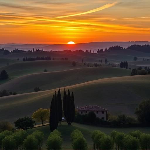 Veduta panoramica delle colline toscane al tramonto, con cipressi e un casolare.