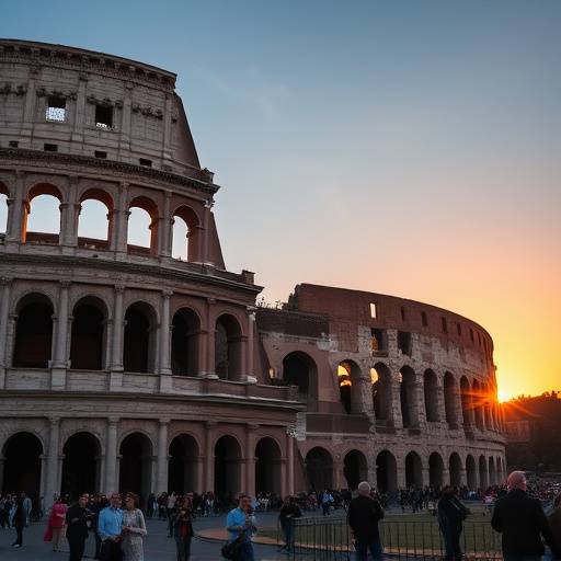 Vista esterna del Colosseo al tramonto, con turisti che lo ammirano